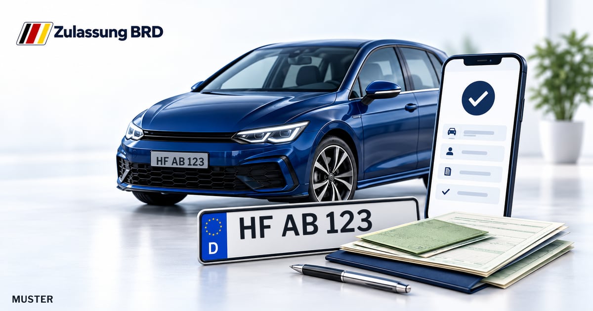 Online Fahrzeugzulassung in Löhne: Musterkennzeichen HF AB 123, Auto und Fahrzeugpapiere und Smartphone. Illustration mit Logo von Zulassung BRD.
